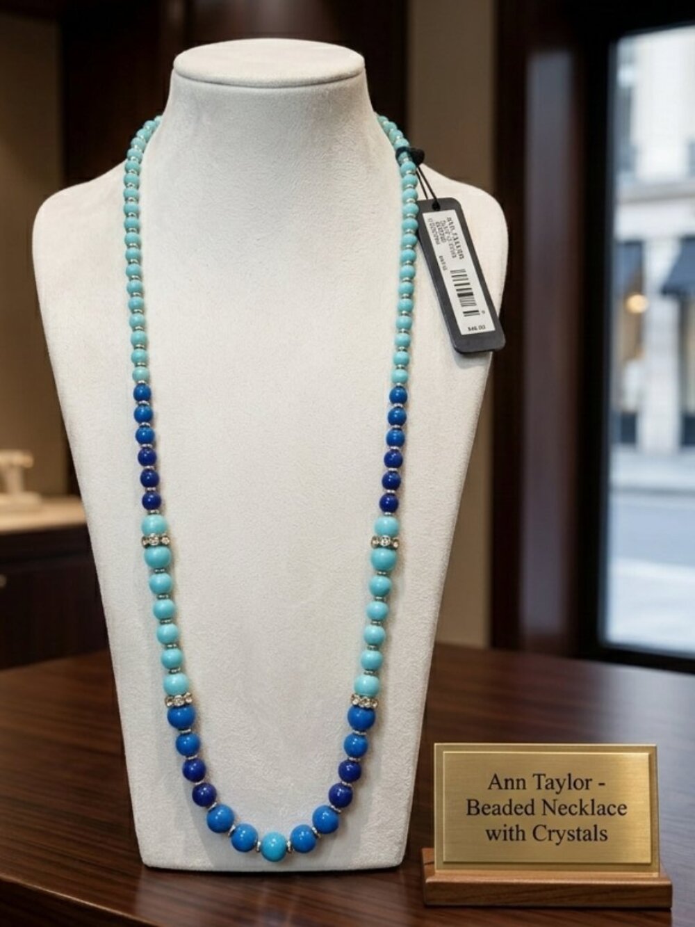 Ann Taylor Necklace, Multiple Shades Blue Beads W/Gold tone Crystal Rhinestone